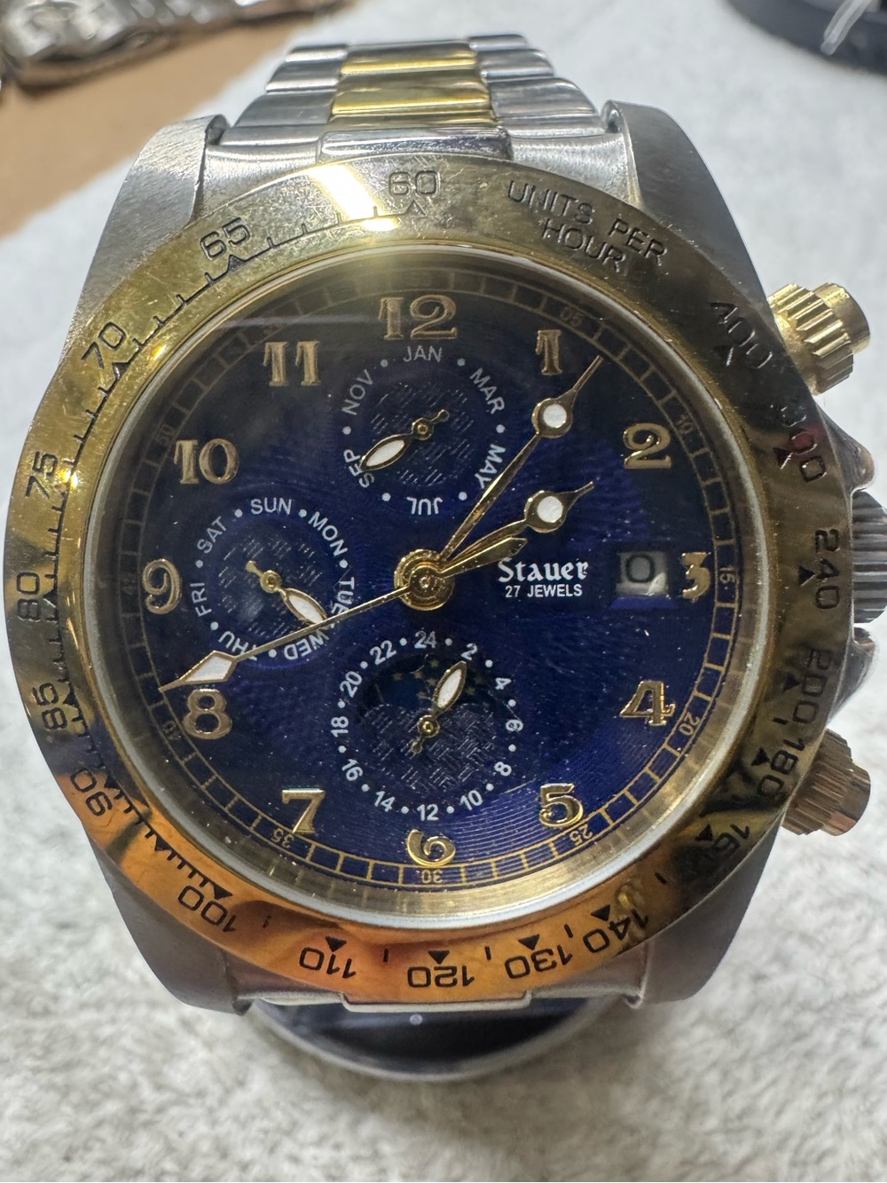 Stauer automatic Men's Two-Tone Gold & Blue Chronograph Watch